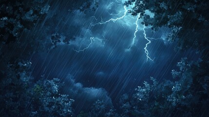 Obraz premium An overhead view of a stormy sky with heavy rain and gusty winds, showing dark, menacing clouds and a glimpse of a lightning bolt illuminating the scene.