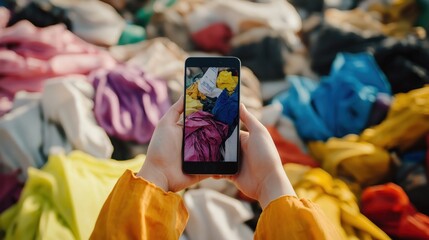 Person taking photo of fabric waste for recycling awareness  
