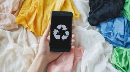 Hand holding smartphone with recycling symbol over fabric waste  
