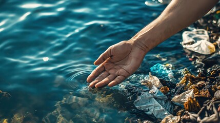 Hand touching polluted water with floating debris  

