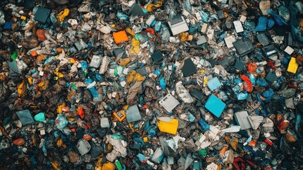 Pile of mixed waste and plastic pollution at landfill  
