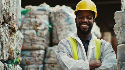 Smiling recycling worker standing at waste facility  
