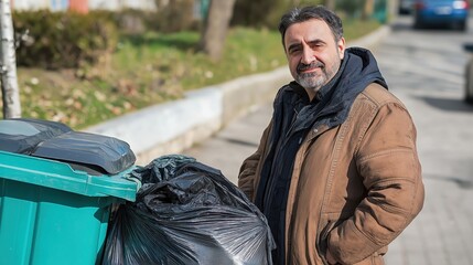 Man picking up trash on the street for cleanup  
