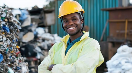 Smiling worker at recycling plant wearing safety gear  
