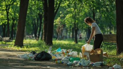Environmental volunteers cleaning litter in a park  
