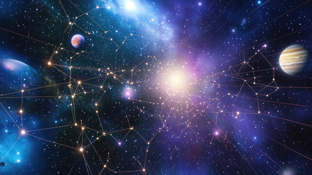 An abstract glowing grid of stars and planets, symbolizing the precision of universal space measurement.