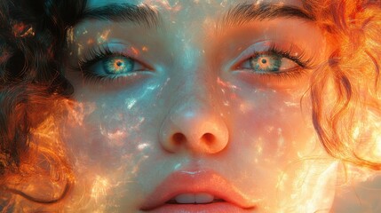 Obraz premium Close Up Portrait of a Woman with Glowing Fire and Sparkles