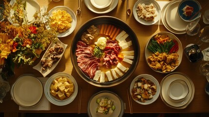 A beautifully arranged hot pot setup on a dining table, featuring a variety of ingredients like thinly sliced beef, tofu, and colorful vegetables, ready for cooking.