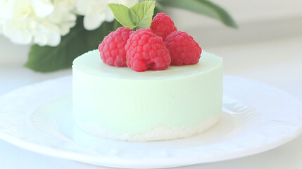 Delicious Mini Cake with Mint and Raspberries Displayed on White Plate Against a Soft Backdrop