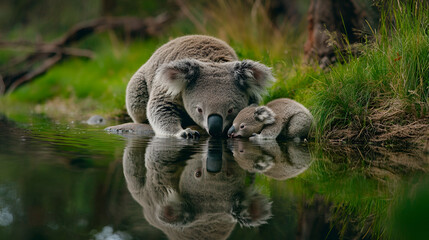 Koala and Calf Drinking Water in a Lush Valley - Wildlife Illustration