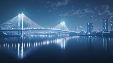 Modern Suspension Bridge Spanning River with City Lights at Night