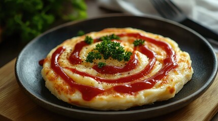 A charming image of a plate of omurice decorated with artistic swirls of ketchup and fresh parsley, making it visually appealing for a gourmet presentation.