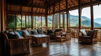 Fototapeta premium Eco-friendly caf with bamboo furniture and recycled materials