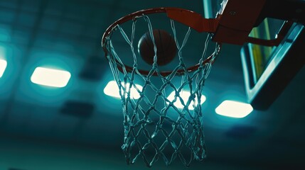 A close-up of a basketball hoop and net, with the ball approaching or already in the basket, set against the backdrop of a gymnasium with bright lights.