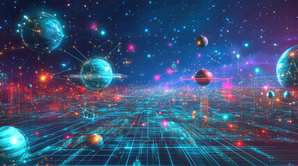 An abstract glowing grid of stars and planets, symbolizing the precision of universal space measurement.