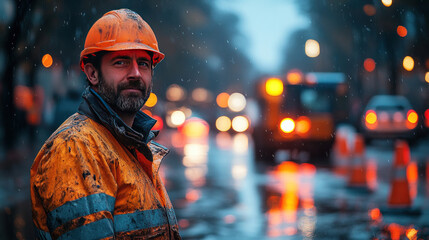 Construction worker repairing a road, surrounded by safety cones and heavy machinery
