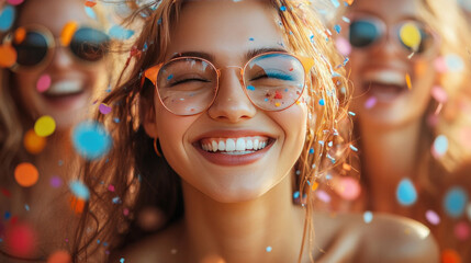 Dream job celebration with confetti and friends congratulating a smiling person