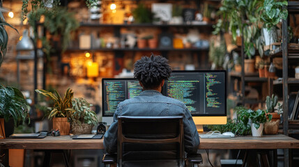 Naklejka premium Dream job moment: software developer coding in a stylish workspace with motivational decor