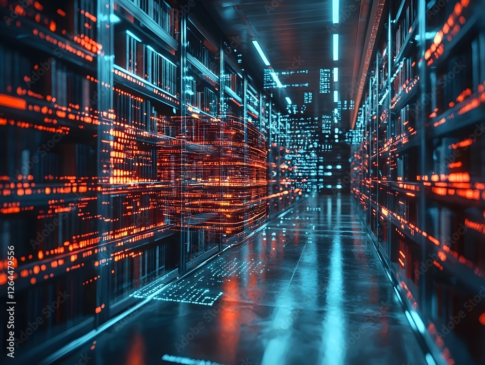 Poster futuristic library with floating books and holographic data streams symbolizing limitless access to 