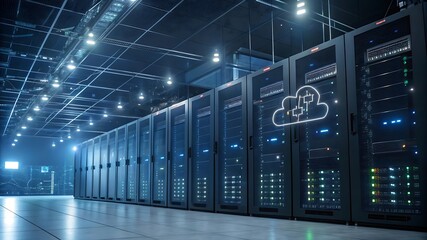 AI-optimized cloud data storage network with floating encrypted servers, interconnected data points, and high-speed processing units for seamless business data management  