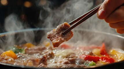 A close-up of a hand using chopsticks to pick up a piece of meat from a steaming hot pot, with colorful vegetables and bubbling broth visible in the background.