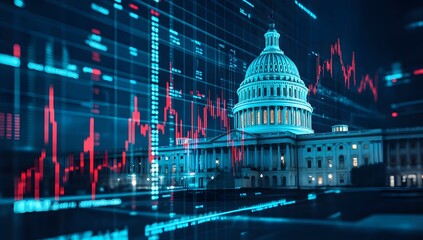 US Capitol Building, Financial Data Overlay, Night View, Economic Indicators
