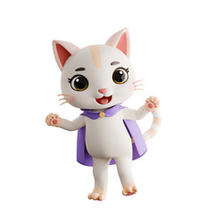 Cheerful 3D Cartoon Cat Standing in a Purple Cape
