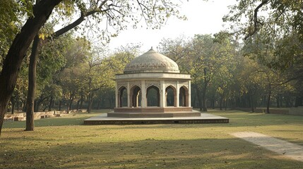 Serene architectural structure in a lush park setting with autumn foliage and tranquil atmosphere