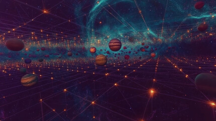 An abstract glowing grid of stars and planets, symbolizing the precision of universal space measurement.