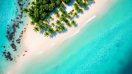 Aerial view of a tropical island with white sand, turquoise water, palm trees, and a thatched-roof bungalow. Two people relax on the beach