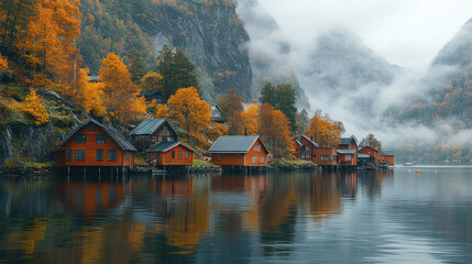 Fototapeta premium Fjords with mist rising from the water and small villages nestled at the base of the cliffs