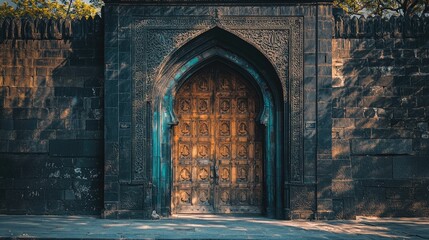 Ornate wooden door set in a stone wall, illuminated by soft sunlight, surrounded by greenery