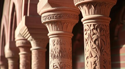 Intricate carved columns showcasing detailed floral patterns in historic architecture