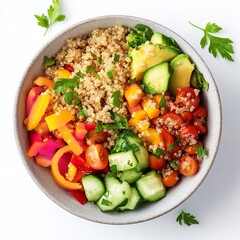 Healthy Quinoa Bowl with Colorful Vegetables Avocado and Herbs Delicious Dietary Food Photography Vibrant Summer Recipe Image Fresh Ingredients Meal  