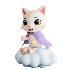 3D Cartoon Cat Sitting on a Cloud Holding a Golden Star