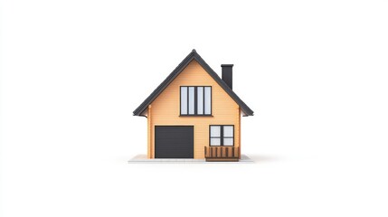 A modern wooden house with large windows and a garage, set against a minimalist background