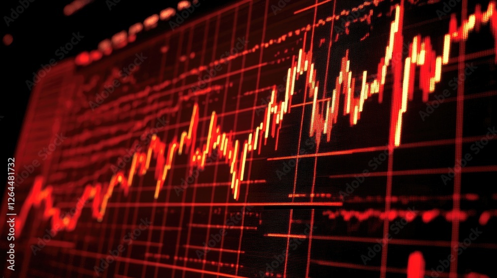Poster a close-up of a stock market chart with fluctuating lines and candlestick patterns on a computer scr