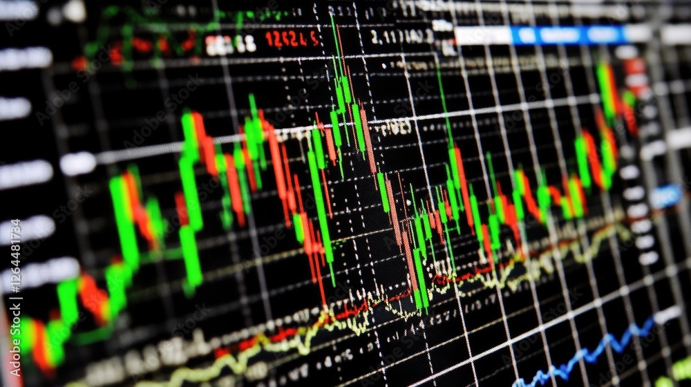 Poster a close-up of a stock market chart with fluctuating lines and candlestick patterns on a computer scr