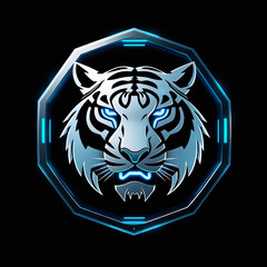 Obraz premium A high-tech emblem featuring a white tiger's head with sleek, flowing lines, enclosed in a metallic hexagonal frame
