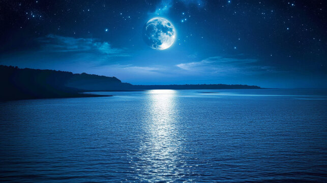 Fototapeta Night sea landscape with moon, stars and clouds in dark sky. Vector cartoon illustration of midnight scene with ocean, with coastline silhouette on horizon and moonlight reflection in water