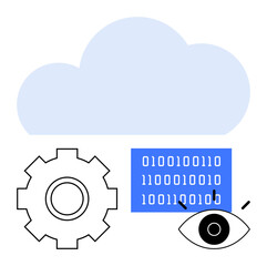 Cloud above a gear, binary code, and eye highlights data storage, processing, and visualization. Ideal for technology, security, AI, data analysis development cloud innovation abstract line flat
