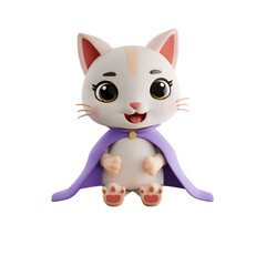 3D Cartoon Cat Sitting Cheerfully in a Purple Cape
