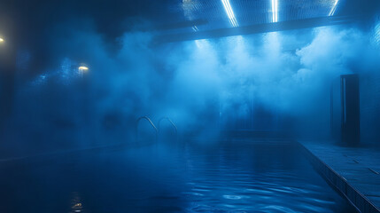 Obraz premium Smoke, magic haze clouds, blue glowing steam in nightclub perspective view. Background with fog or mist spreading over dark water surface. Mysterious natural phenomenon, Realistic 3d vector mockup