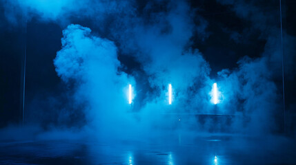 Obraz premium Smoke, magic haze clouds, blue glowing steam in nightclub perspective view. Background with fog or mist spreading over dark water surface. Mysterious natural phenomenon, Realistic 3d vector mockup