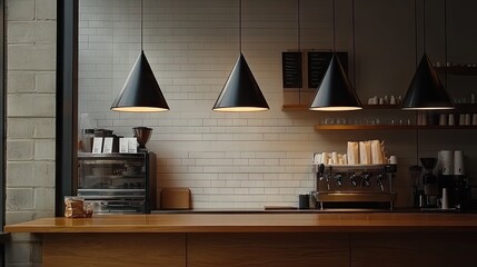 Geometric pendant lights hanging in a minimalist caf