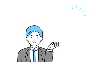 余白に向けて手を指すスーツを着た男性のイラスト