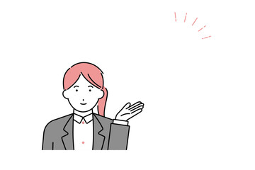 余白に向けて手を指すスーツを着た女性のイラスト