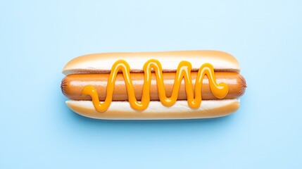 A delicious hot dog with mustard on a light blue background, perfect for food-related projects