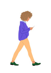 Young woman walking side view, holding smart phone, texting, chatting. Flat vector illustration isolated on transparent background