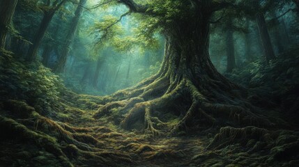 Fototapeta premium Dark forest, brain roots, mystery, fog.